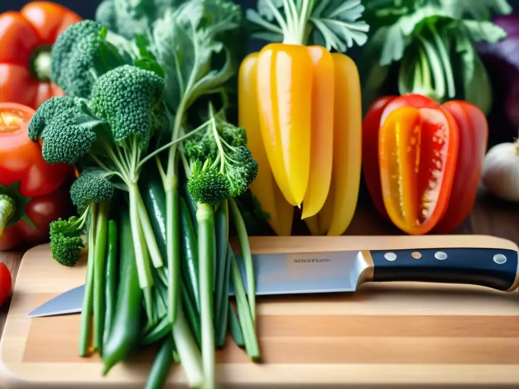 Deliciosas verduras coloridas listas para preparar sopas sin gluten fáciles, cortadas con detalle en una tabla de madera