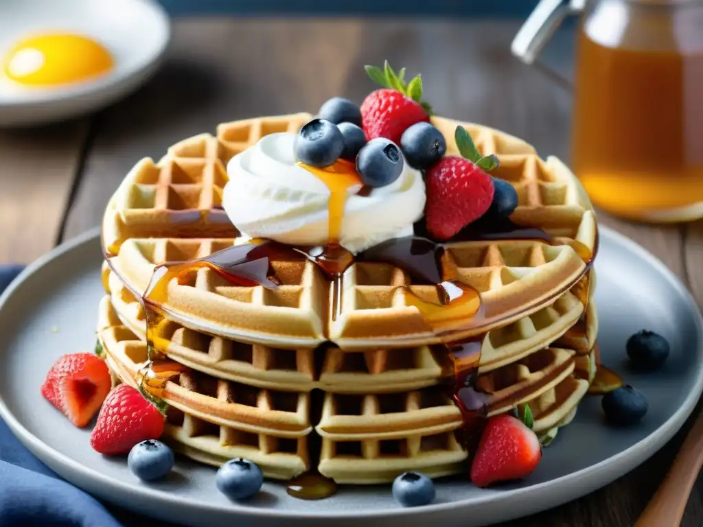 Deliciosas waffles sin gluten saludables con frutas y miel, en una mesa rústica