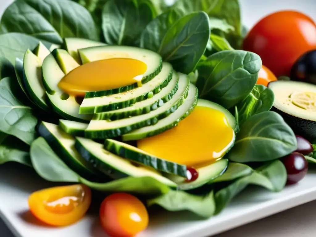 Delicioso aderezo casero sin gluten sobre ensalada colorida, fresca y vibrante, resaltando la textura y los colores