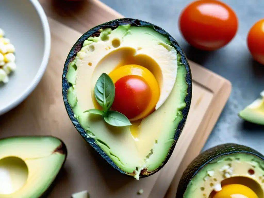 Delicioso aguacate relleno sin gluten con vegetales frescos y queso, una explosión de colores y sabores