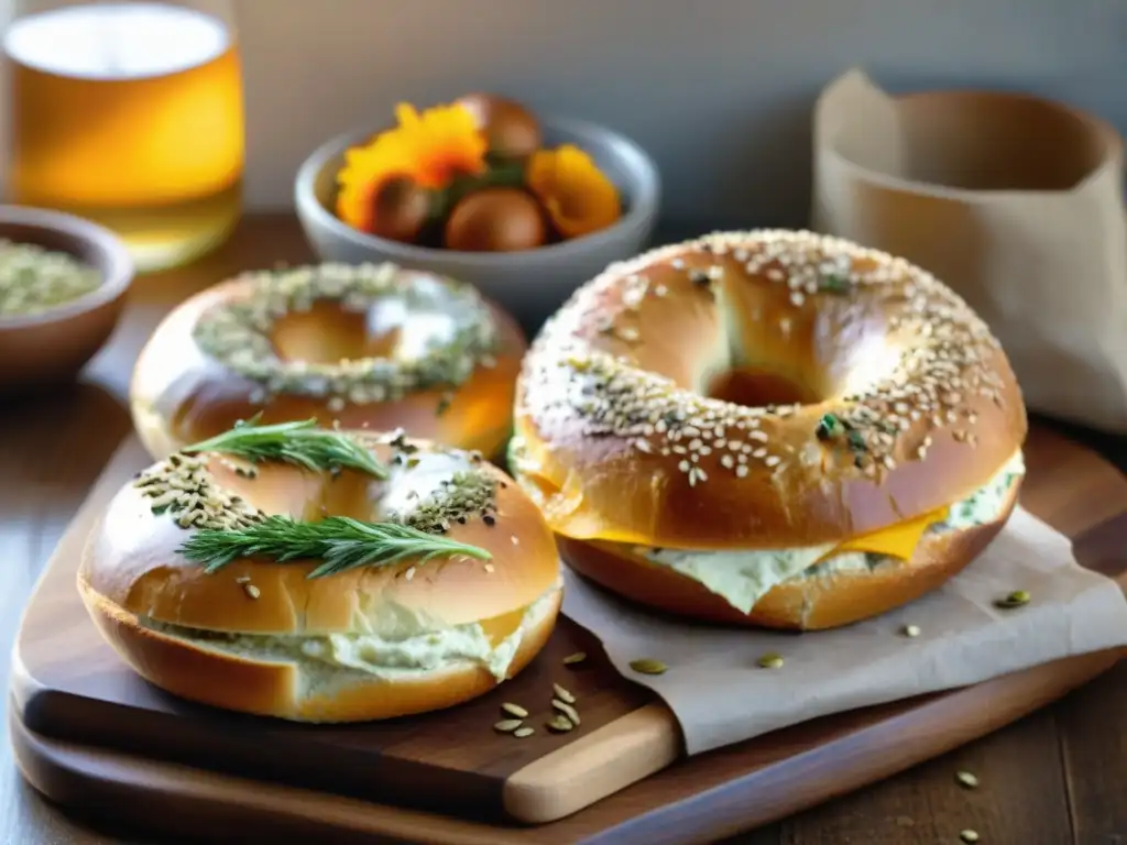 Un delicioso amanecer de recetas bagels sin gluten, brillantes y tentadores sobre tabla de madera rústica