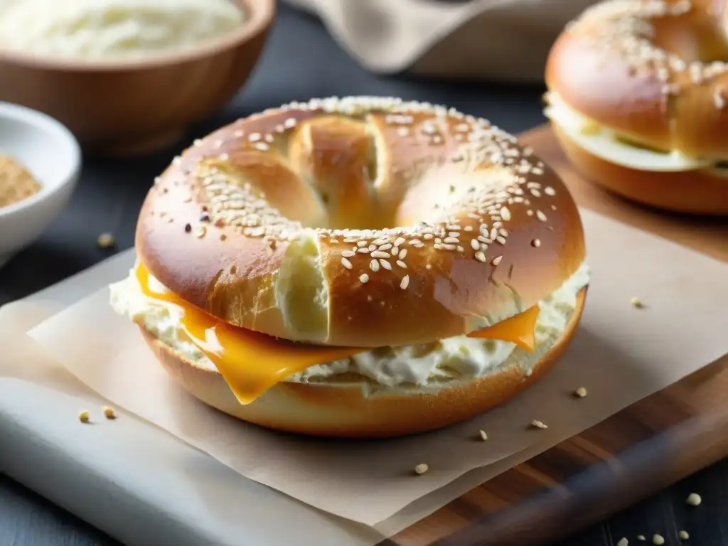 Delicioso bagel sin gluten recién horneado en tabla de madera rústica