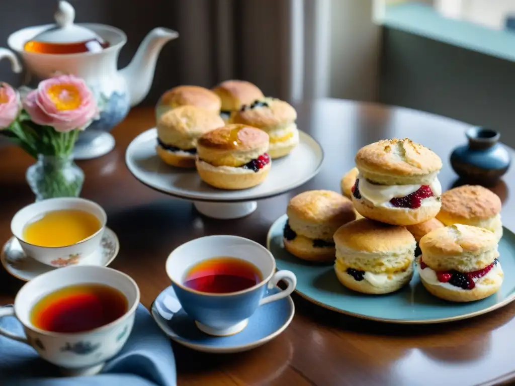 Un delicioso banquete de scones sin gluten recién horneados, con mermelada y crema, en una mesa elegante