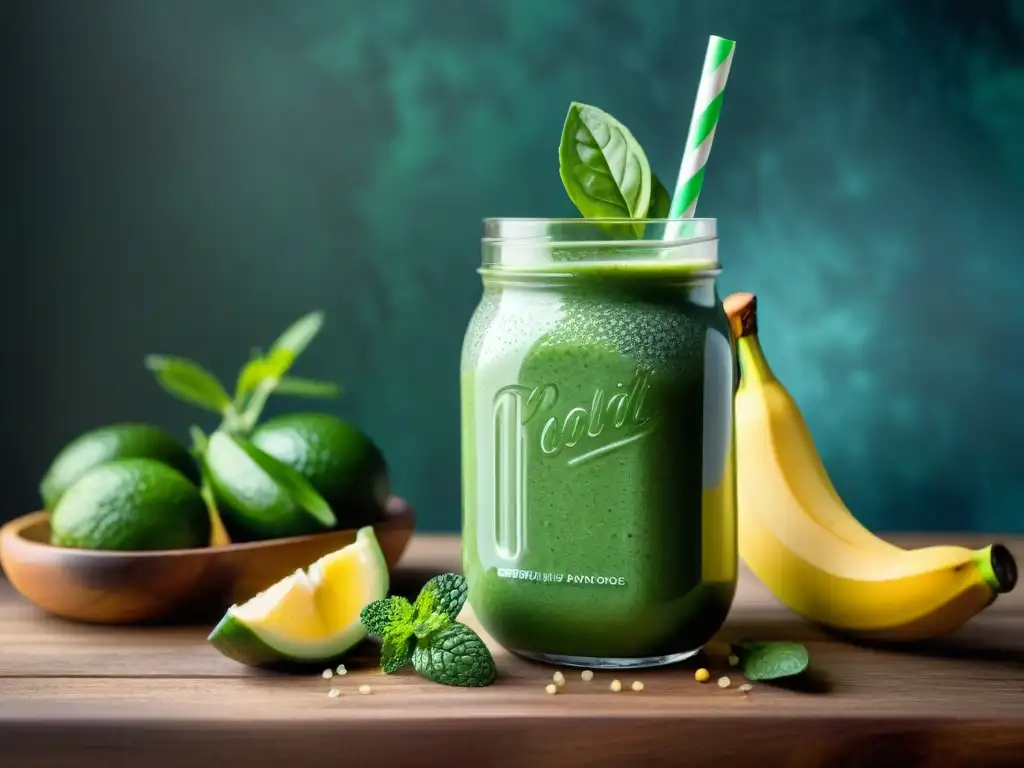 Smoothie detox verde: frescura en capas con chía y lima Delicioso batido detox verde en vaso, con espinacas, aguacate, plátano y semillas de chía, sobre mesa de madera