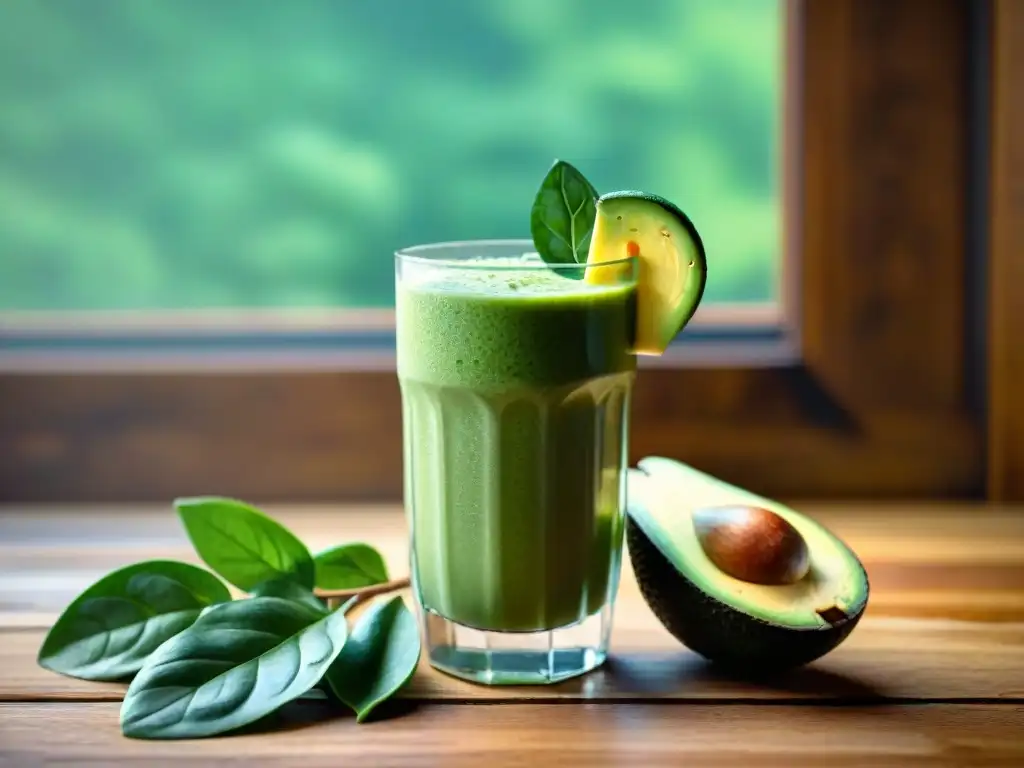Deliciosa smoothie de aguacate y espinaca, ultra realista y refrescante Delicioso batido sin gluten para adelgazar con aguacate y espinacas, en un vaso de cristal sobre mesa de madera