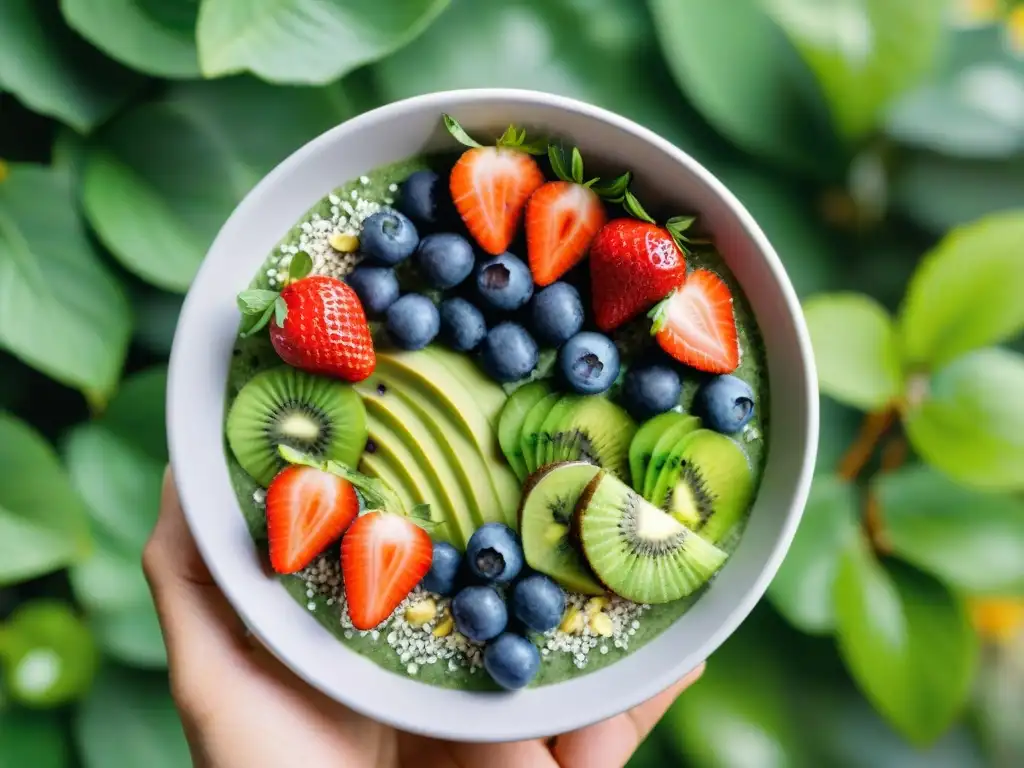 Delicioso batido sin gluten para perder peso con frutas frescas en un jardín sereno