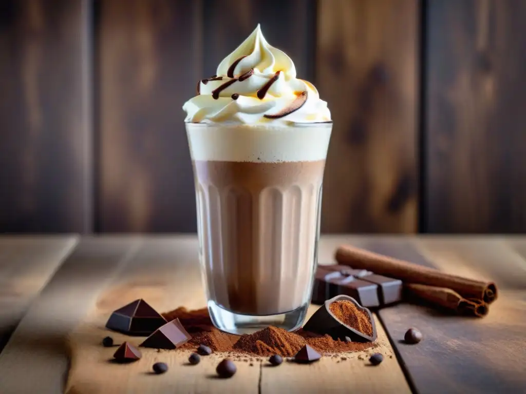 Batido de proteína y cacao: delicia cremosa en vaso alto Delicioso batido sin gluten para adelgazar en vaso alto con crema y cacao, sobre mesa de madera rustica