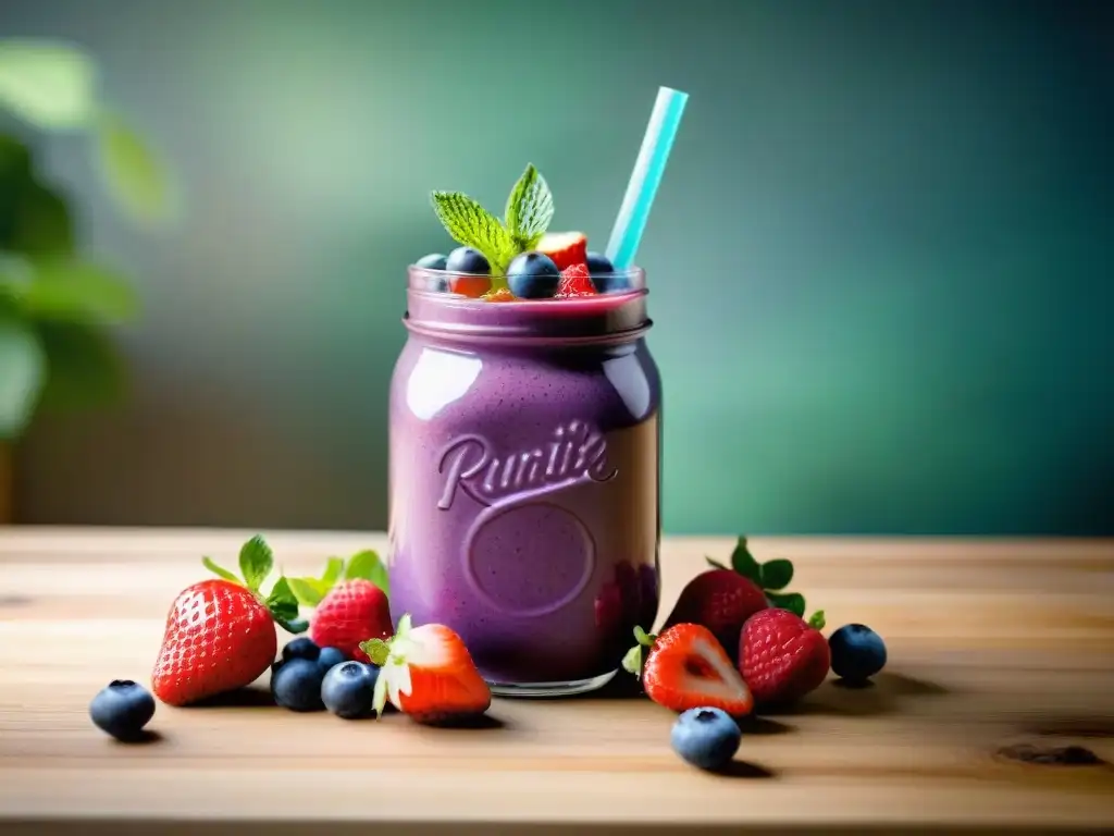 Smoothie morado con bayas frescas en vaso de cristal Un delicioso batido morado con bayas frescas en un frasco de vidrio sobre una mesa de madera