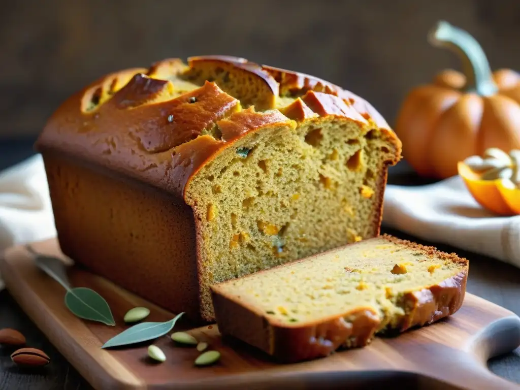 Delicioso bizcocho de calabaza sin gluten recién horneado en tabla rústica, con canela y semillas de calabaza, en ambiente acogedor y cálido