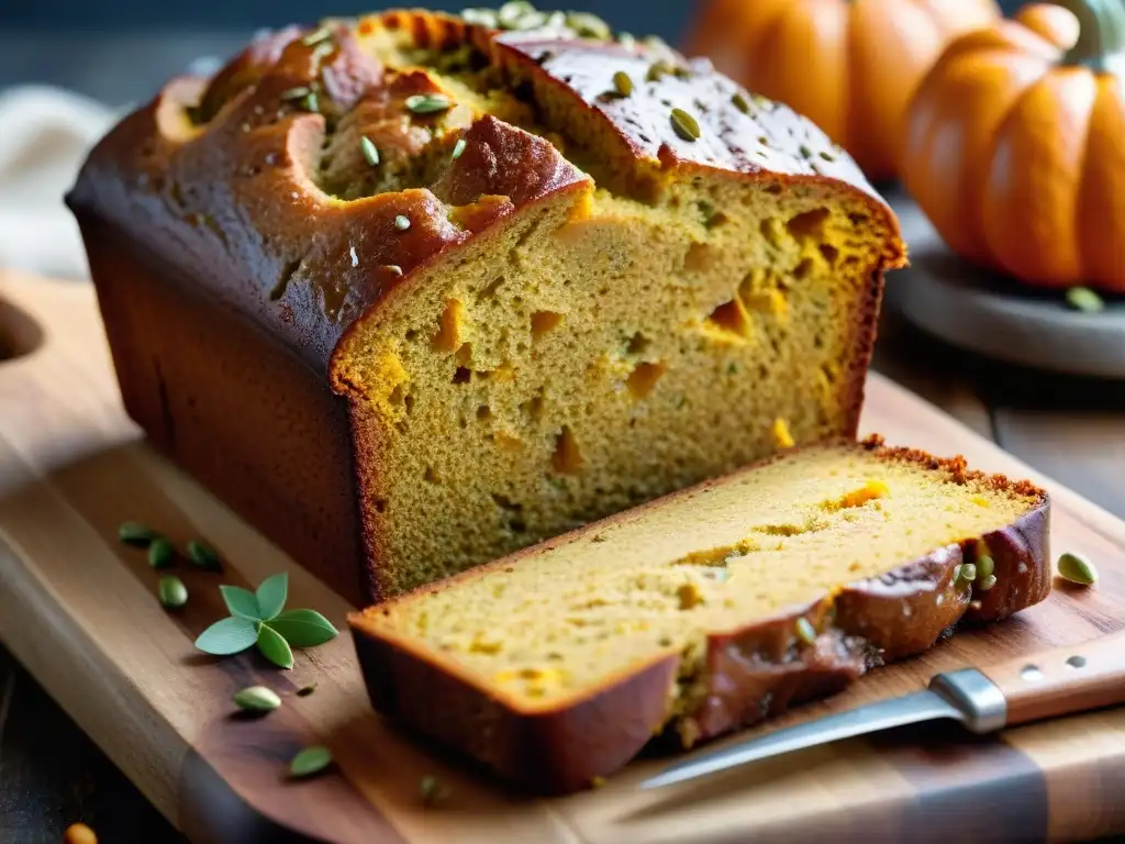 Delicioso bizcocho de calabaza sin gluten recién horneado en tabla de madera rústica