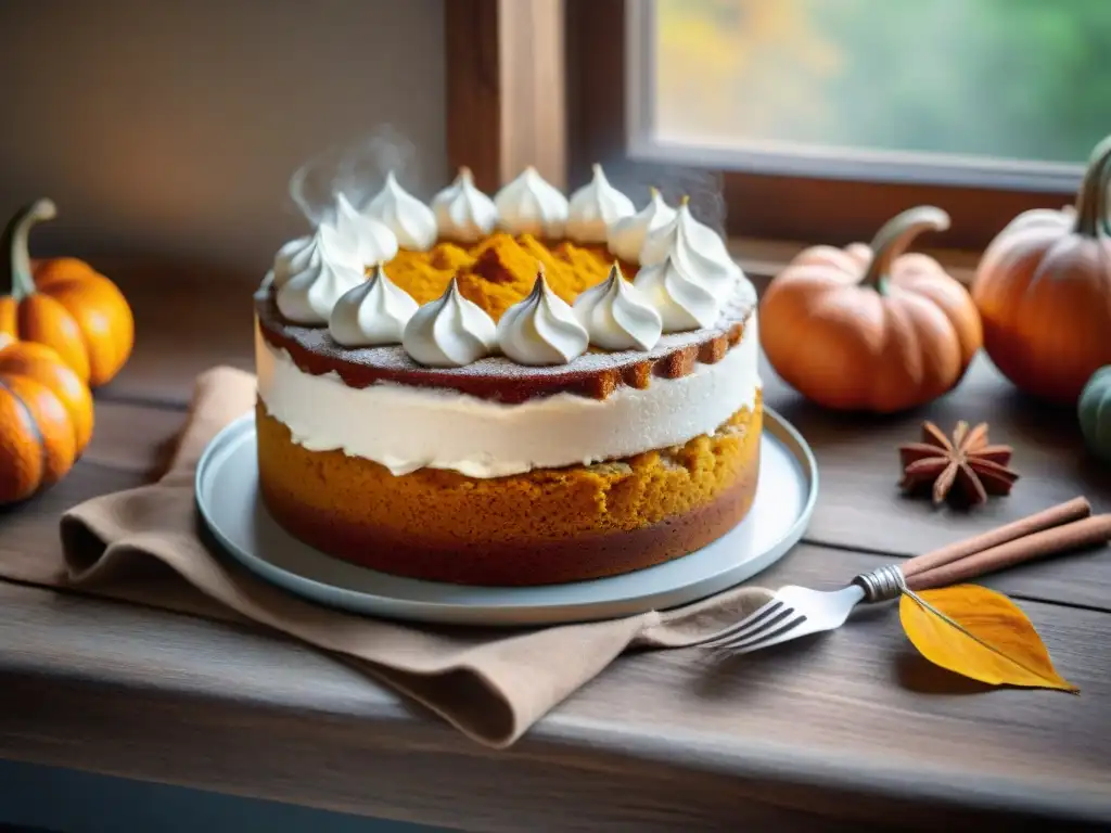 Un delicioso bizcocho de calabaza sin gluten en una mesa rústica, rodeado de calabazas y hojas de otoño