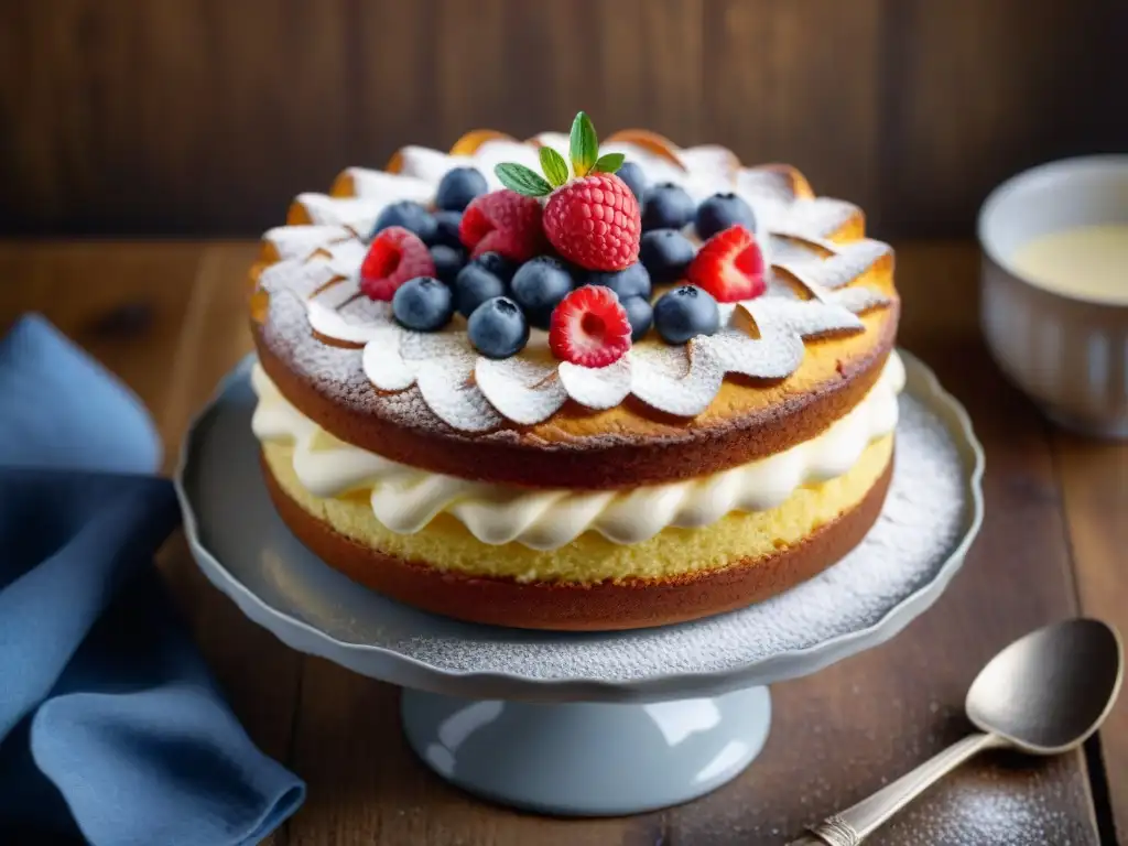 Delicioso bizcocho esponjoso sin gluten receta con bayas y crema, sobre mesa de madera rústica