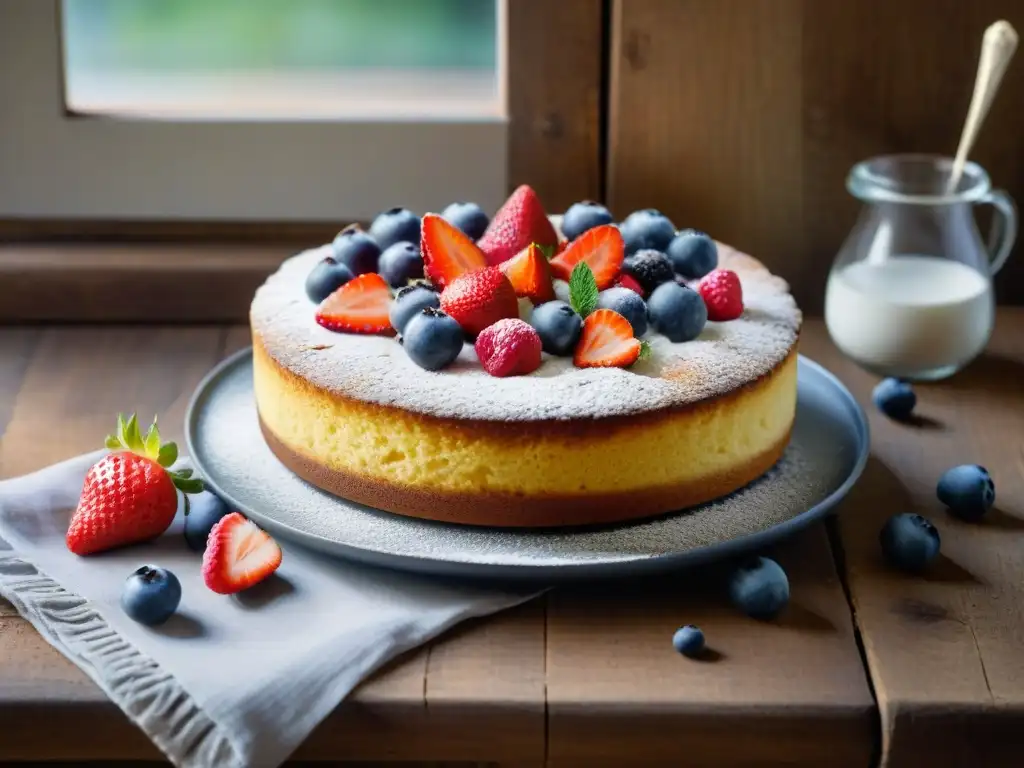 Un delicioso bizcocho esponjoso sin gluten con bayas frescas y azúcar glass, sobre mesa de madera rustica