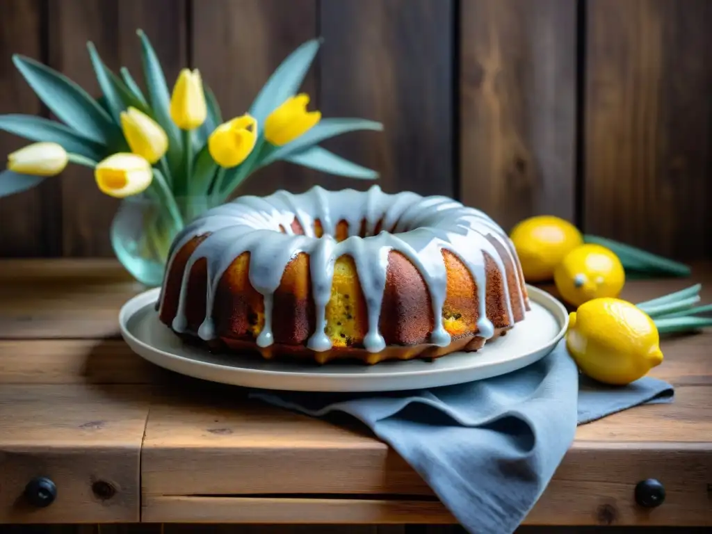 Delicioso bizcocho sin gluten esponjoso de limón y amapola con glaseado, limones frescos y narcisos amarillos en primavera