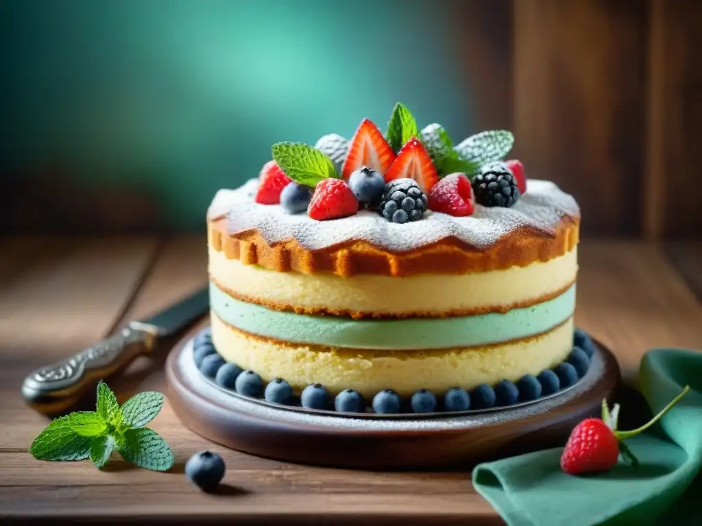 Un delicioso bizcocho sin gluten esponjoso decorado con frutas y hojas de menta en una mesa rústica