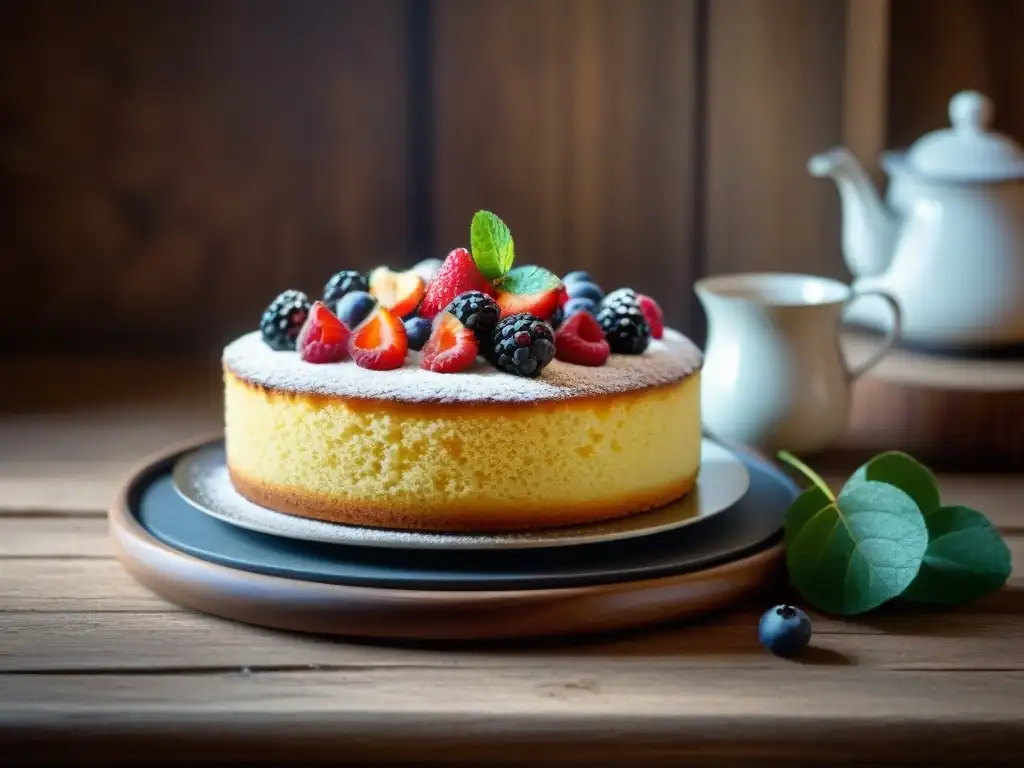 Delicioso bizcocho sin gluten esponjoso con bayas y azúcar glas, sobre mesa rústica con juego de té vintage de fondo