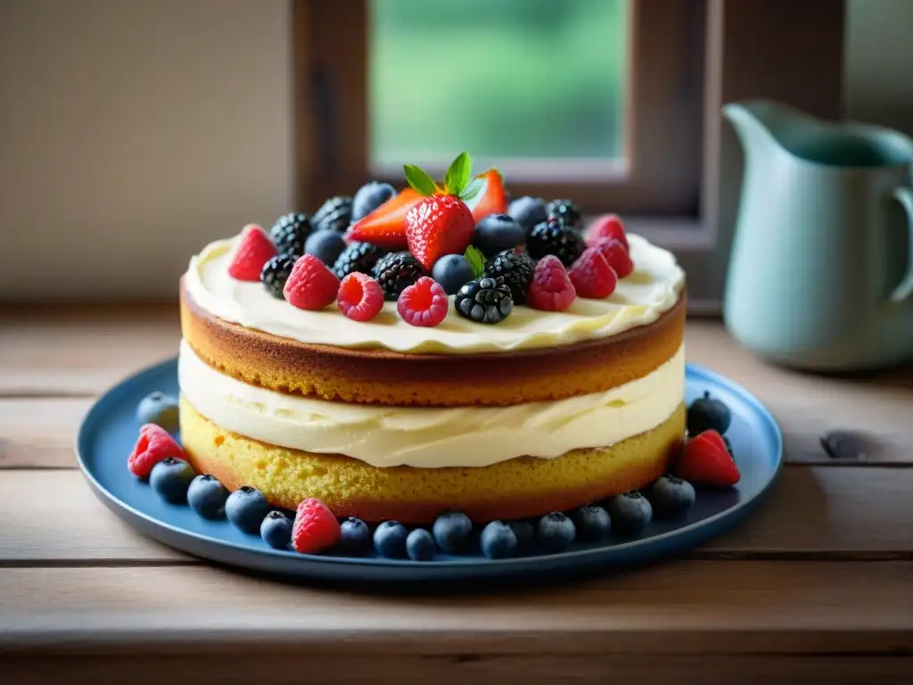 Un delicioso bizcocho sin gluten esponjoso y dorado, con crema y frutos rojos, en una mesa rústica