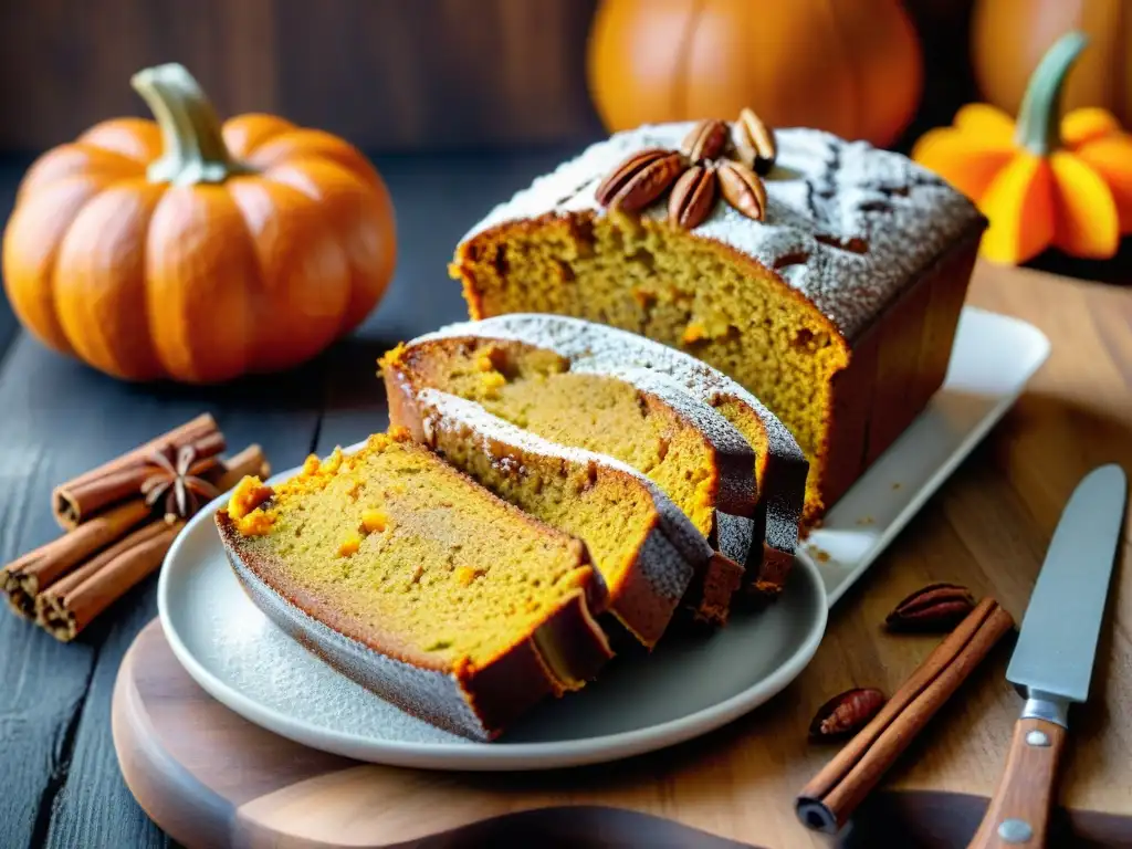 Un delicioso bizcocho sin gluten de calabaza recién horneado en una mesa rústica