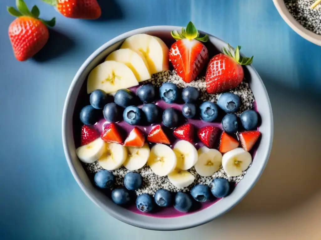 Delicioso bol de açaí con fresas, arándanos, semillas de chía y coco