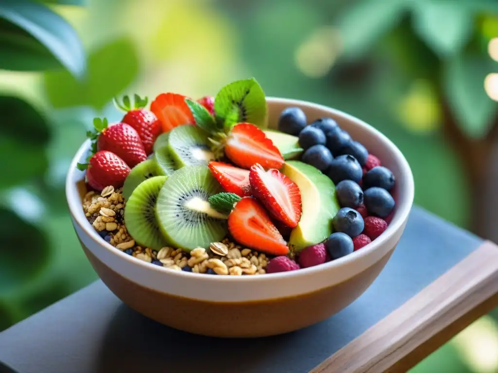 Un delicioso bowl de açai con frutas frescas y granola en un jardín tropical