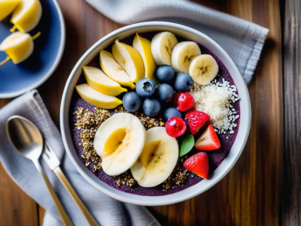 Delicioso bowl de açaí con frutas y semillas sobre mesa de madera rústica