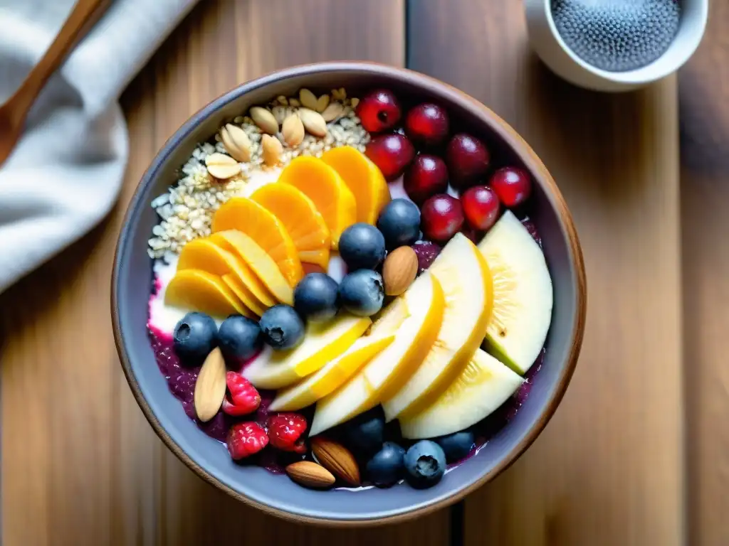 Delicioso bowl de açaí con frutas, nueces y miel, bañado por la luz matutina