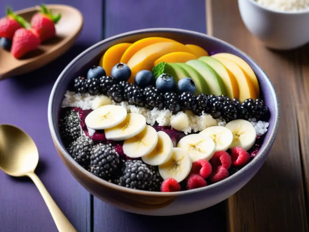 Un delicioso bowl de açaí con frutas frescas y semillas, sobre mesa rústica