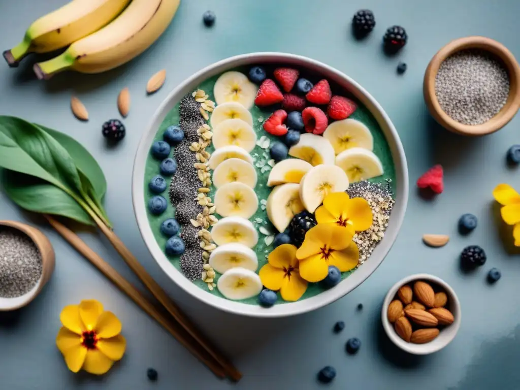 Delicioso bowl de batido colorido sin gluten y lácteos, con frutas frescas y semillas en una mesa de madera