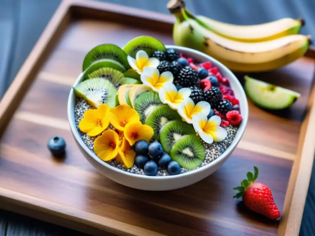 Un delicioso bowl de batido energético sin gluten con bayas frescas, semillas de chía y coco en una mesa de madera