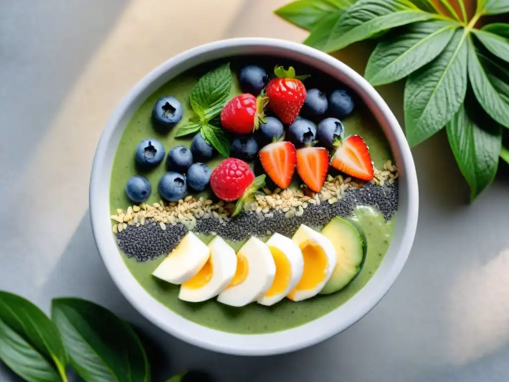 Delicioso bowl de batido sin gluten con bayas, semillas de chía y coco, en un escenario vibrante y saludable