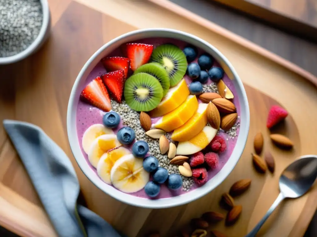 Un delicioso bowl de batido de proteínas sin gluten, rebosante de coloridas frutas, semillas de chía y almendras en una mesa de madera con luz natural