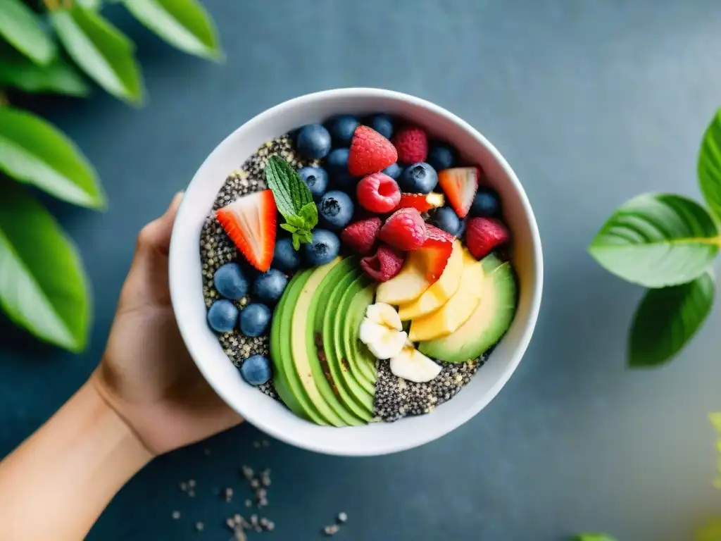 Un delicioso bowl de batido vibrante y colorido, con bayas frescas y semillas de chía, en un jardín verde