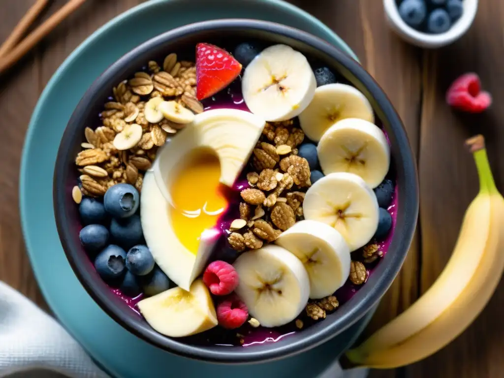 Un delicioso bowl de açaí con granola casera sin gluten, frutas frescas y miel, presentado en una mesa de madera rústica