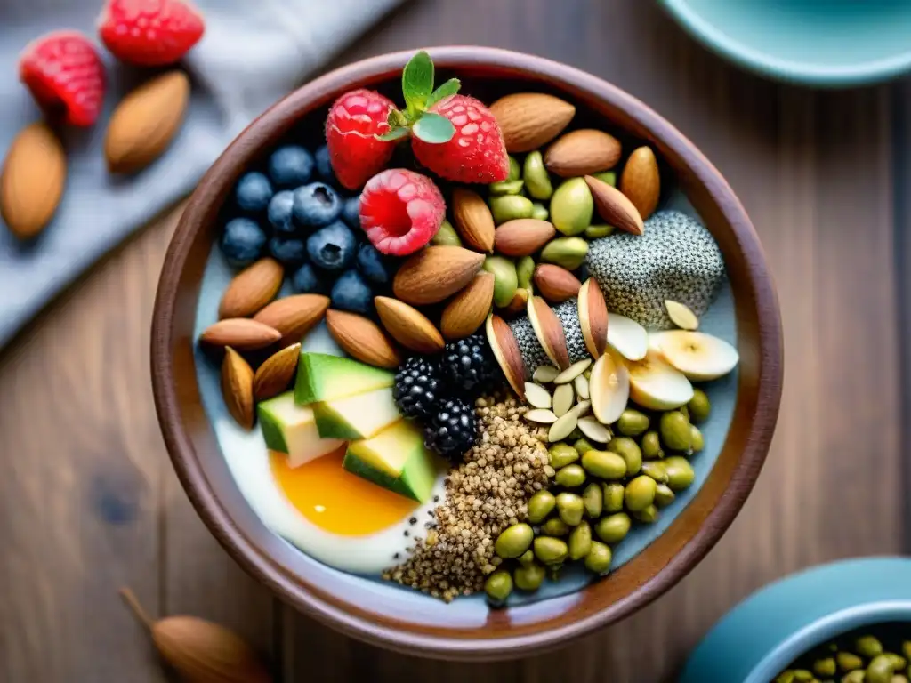 Un delicioso bowl de desayuno con frutos secos sin gluten y bayas frescas, bañado en miel y chía al sol