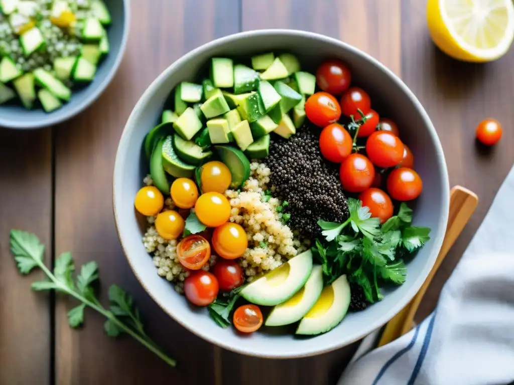 Un delicioso bowl de ensalada de quinua con tomates cherry, pepino, aguacate, perejil y semillas de sésamo, aliñado con vinagreta de limón