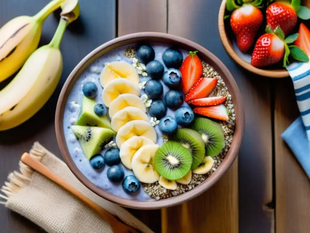 Un delicioso bowl de smoothie colorido con frutas frescas y chía, sobre una mesa de madera con luz matutina cálida