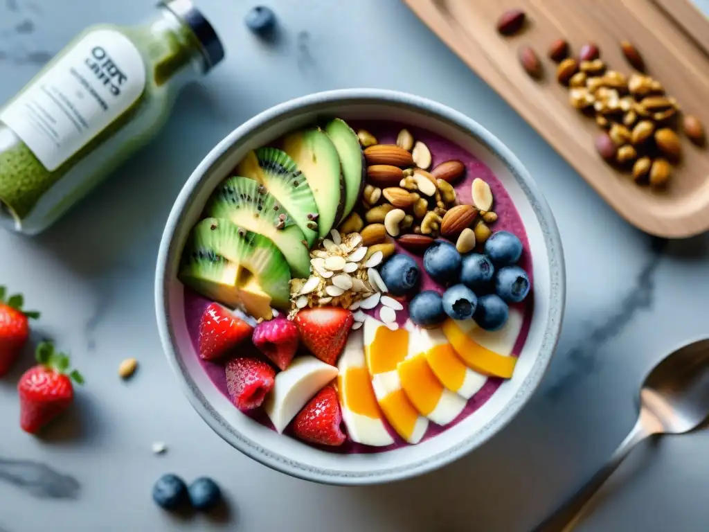 Delicioso bowl de smoothie colorido con toppings saludables en un ambiente de gimnasio