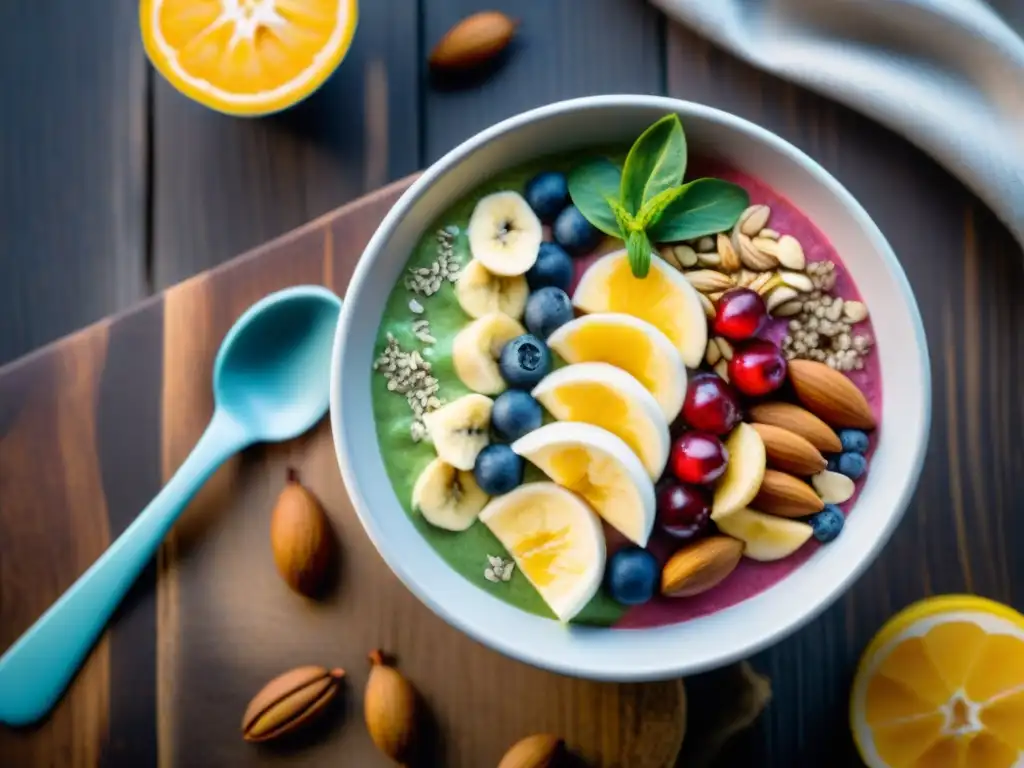 Un delicioso bowl de smoothie orgánico sin gluten con frutas frescas y semillas, sobre una mesa rústica bajo luz natural suave