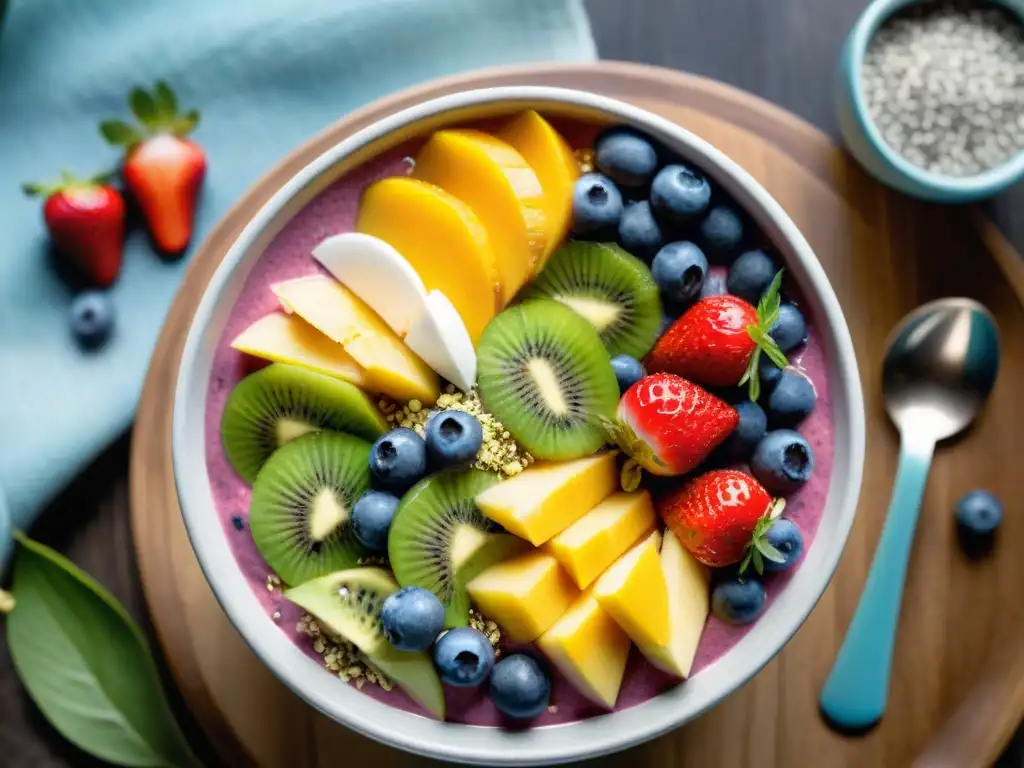 Un delicioso bowl de smoothie primaveral sin gluten con frutas frescas y coloridas en una atmósfera cálida y acogedora