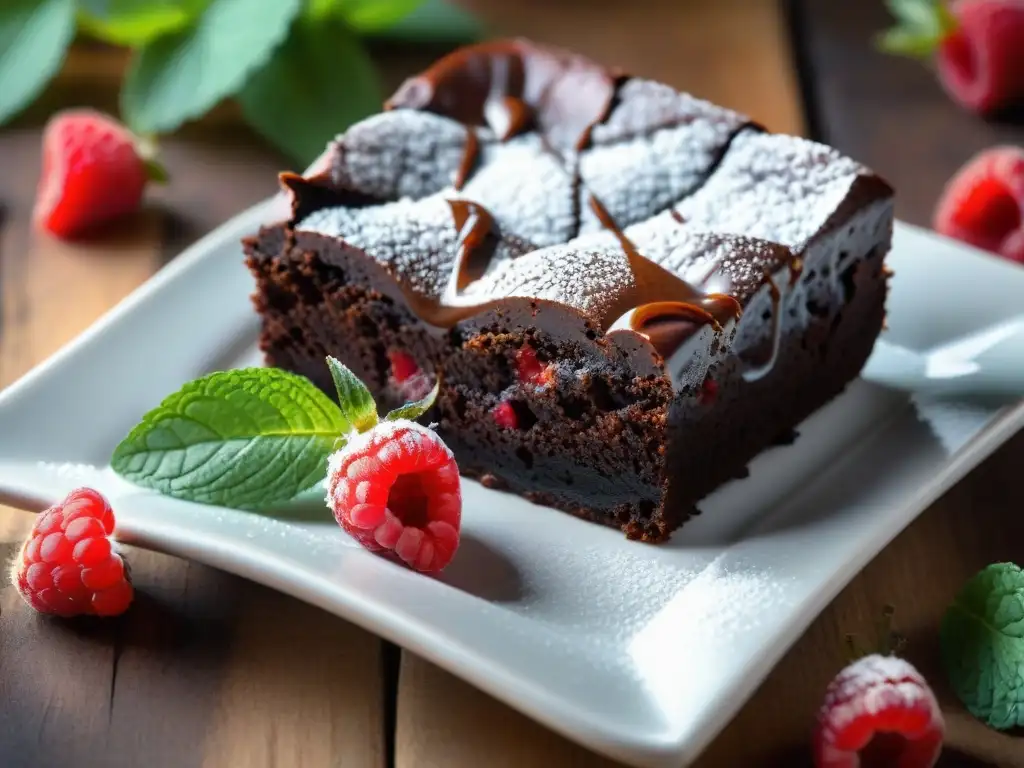 Delicioso brownie sin gluten con frambuesas y menta en mesa rústica