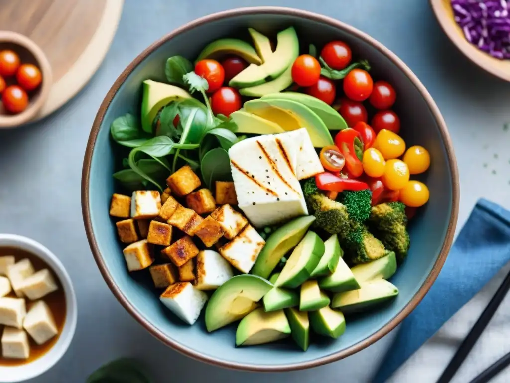 Un delicioso Buddha bowl colorido con recetas sin gluten con tofu, rodeado de ingredientes frescos y una luz natural suave