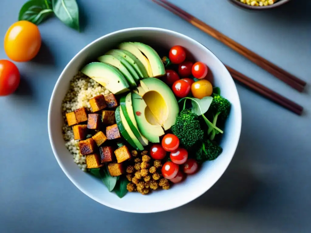 Un delicioso Buddha bowl colorido y vibrante con tofu, quinoa, aguacate, tomates cherry, batatas y acelgas