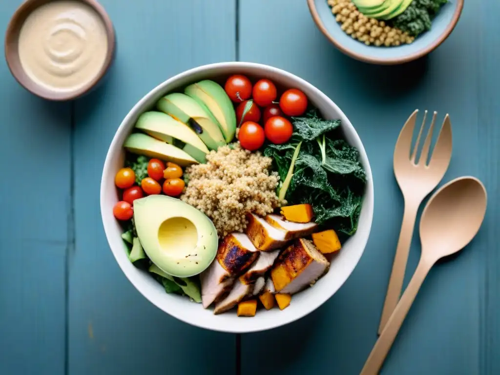 Un delicioso Buddha bowl con ingredientes frescos y coloridos, ideal para recetas sin gluten bajos en carbohidratos