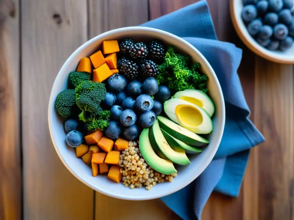 Un delicioso Buddha bowl lleno de superalimentos coloridos y frescos como quinoa, aguacate y nueces en una mesa de madera rústica