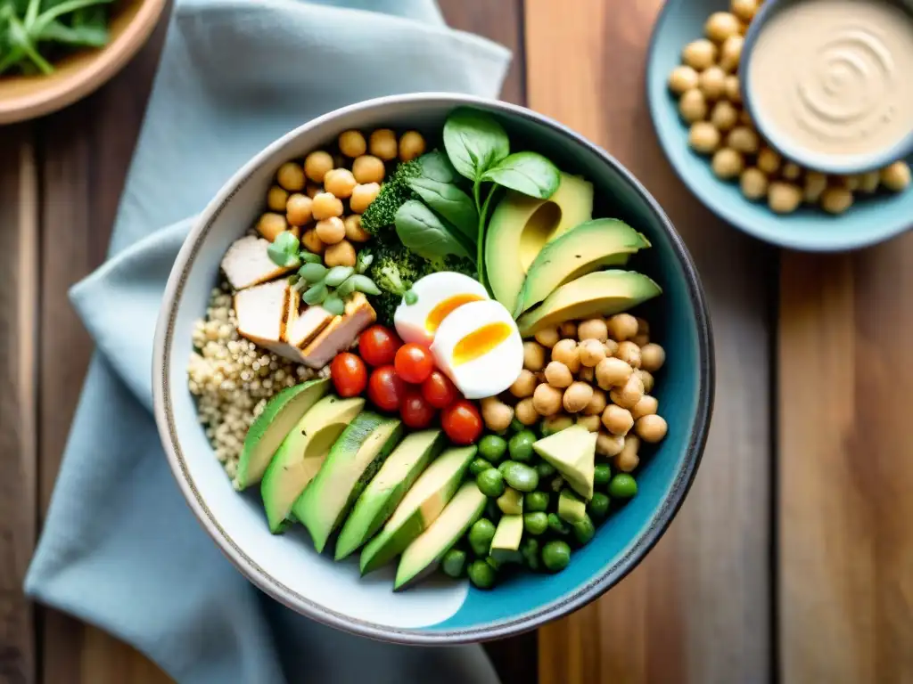 Buddha Bowl: Proteínas Glutenfree en un Festín Colorido Delicioso Buddha Bowl con proteínas sin gluten en dieta, lleno de color y frescura en una mesa de madera rústica