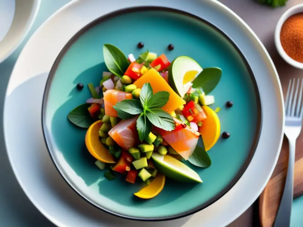 Un delicioso ceviche sin gluten con mariscos frescos, verduras y aguacate en un plato elegante