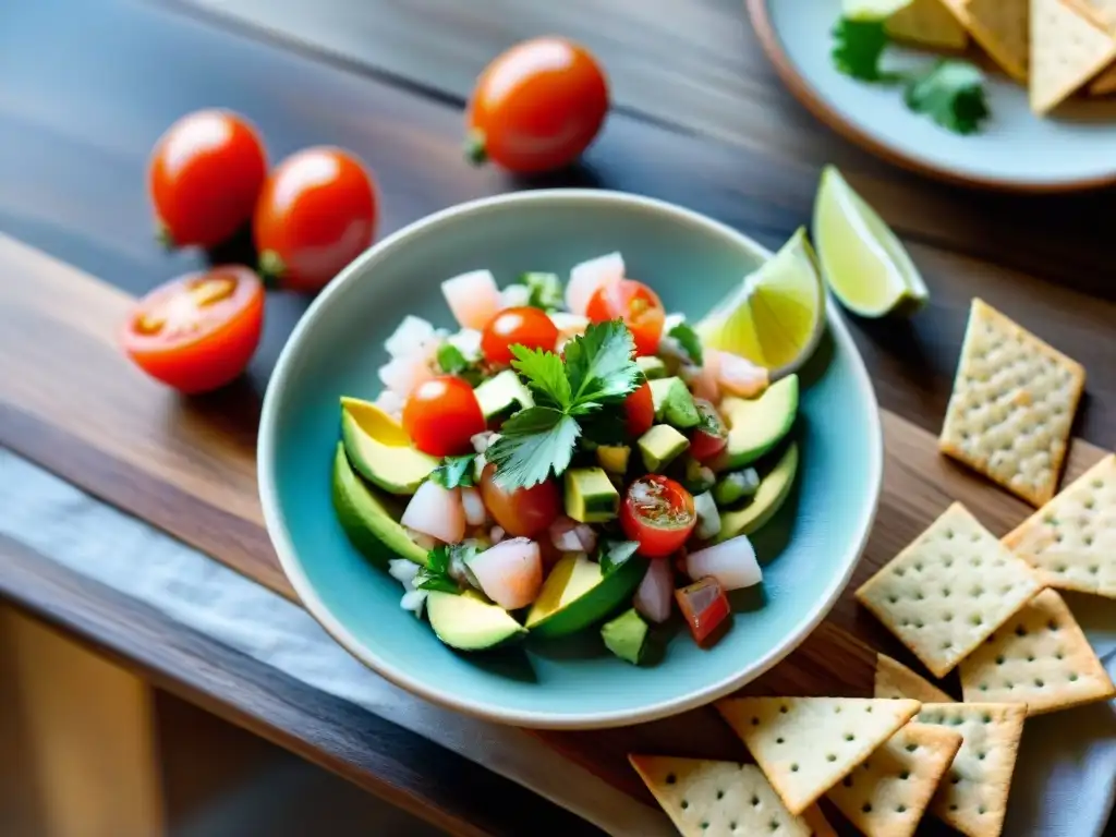 Un delicioso ceviche sin gluten en una mesa rústica, con colores vibrantes y una presentación invitadora