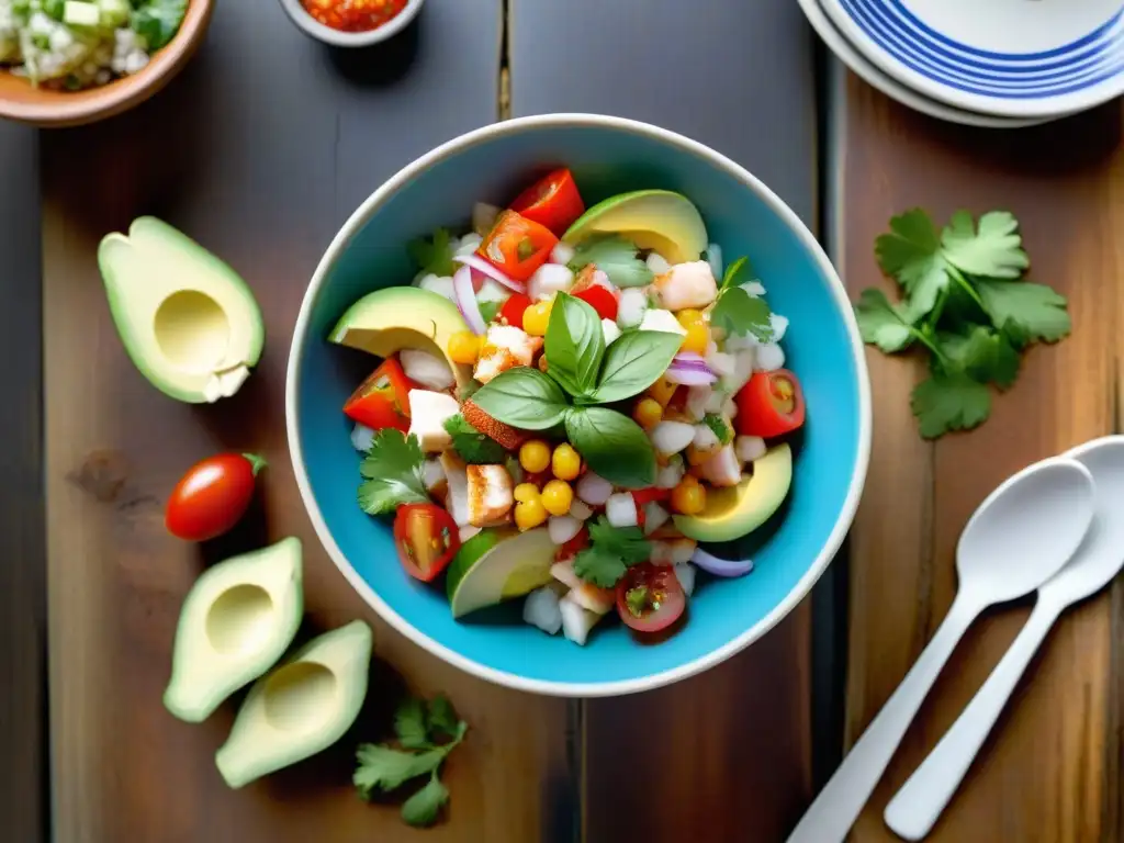 Delicioso ceviche sin gluten con pescado fresco, verduras coloridas y aguacate en una mesa rústica