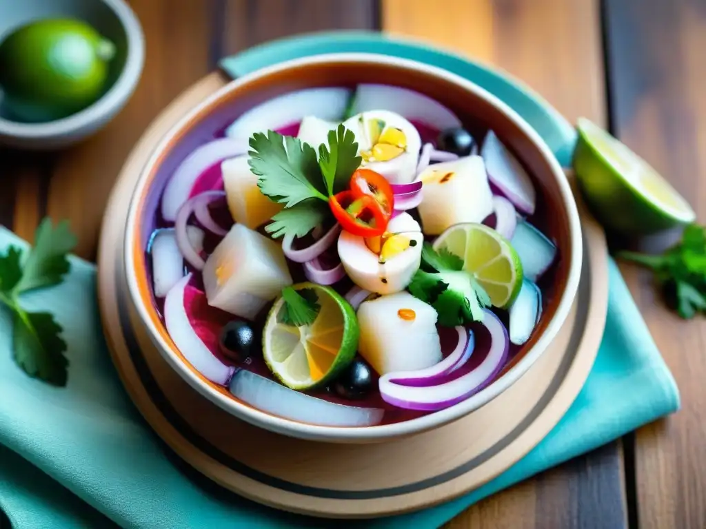 Delicioso ceviche peruano sin gluten con pescado blanco, cebolla morada, ají rojo y cilantro en un bol de cerámica