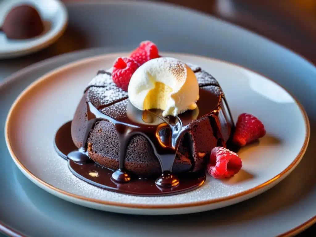 Delicioso chocolate sin gluten: pastel de lava con chocolate fundido, helado de vainilla y frambuesas frescas en café acogedor